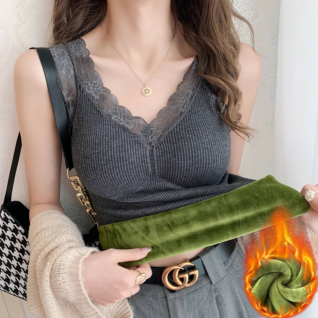 V领蕾丝加绒加厚背心吊带女内搭美背保暖上衣弹力打底衫带胸垫冬