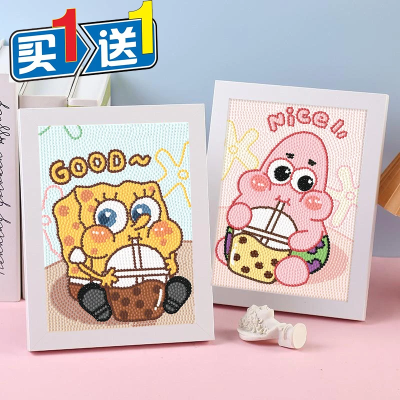 新款海绵宝宝儿童手工DIY钻石贴画带框卡通贴钻画粘贴画钻石画