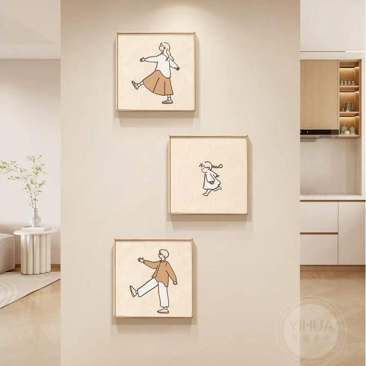 原木风一家人装饰画奶油风一家三口玄关走廊过道挂画卡通组合壁画