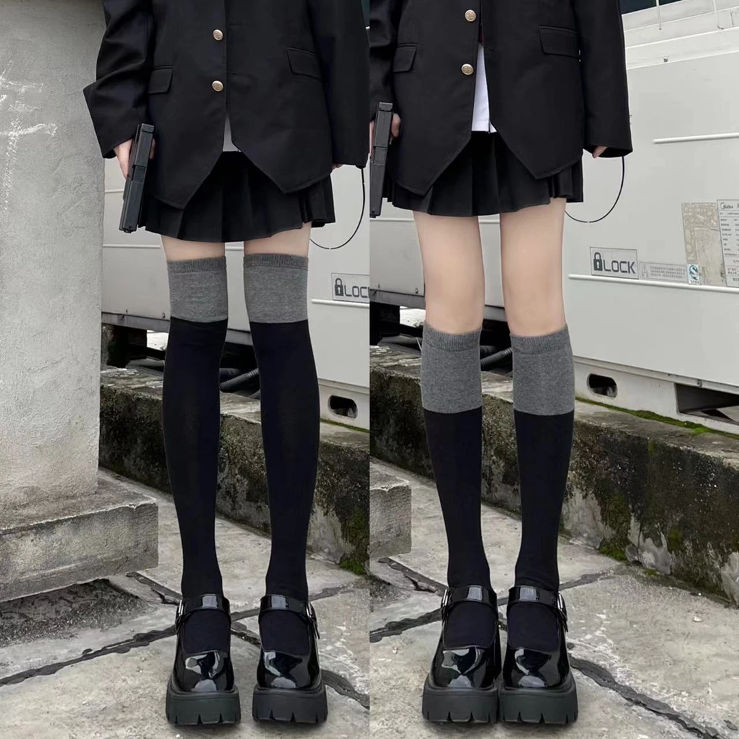 鸿黑灰拼色小腿袜女秋冬棉中筒袜长筒过膝袜JK学院风显瘦袜子