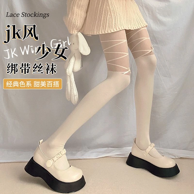 绑带蝴蝶结白色连裤袜女假高筒袜甜美拼接假大腿袜日系纯欲jk丝袜