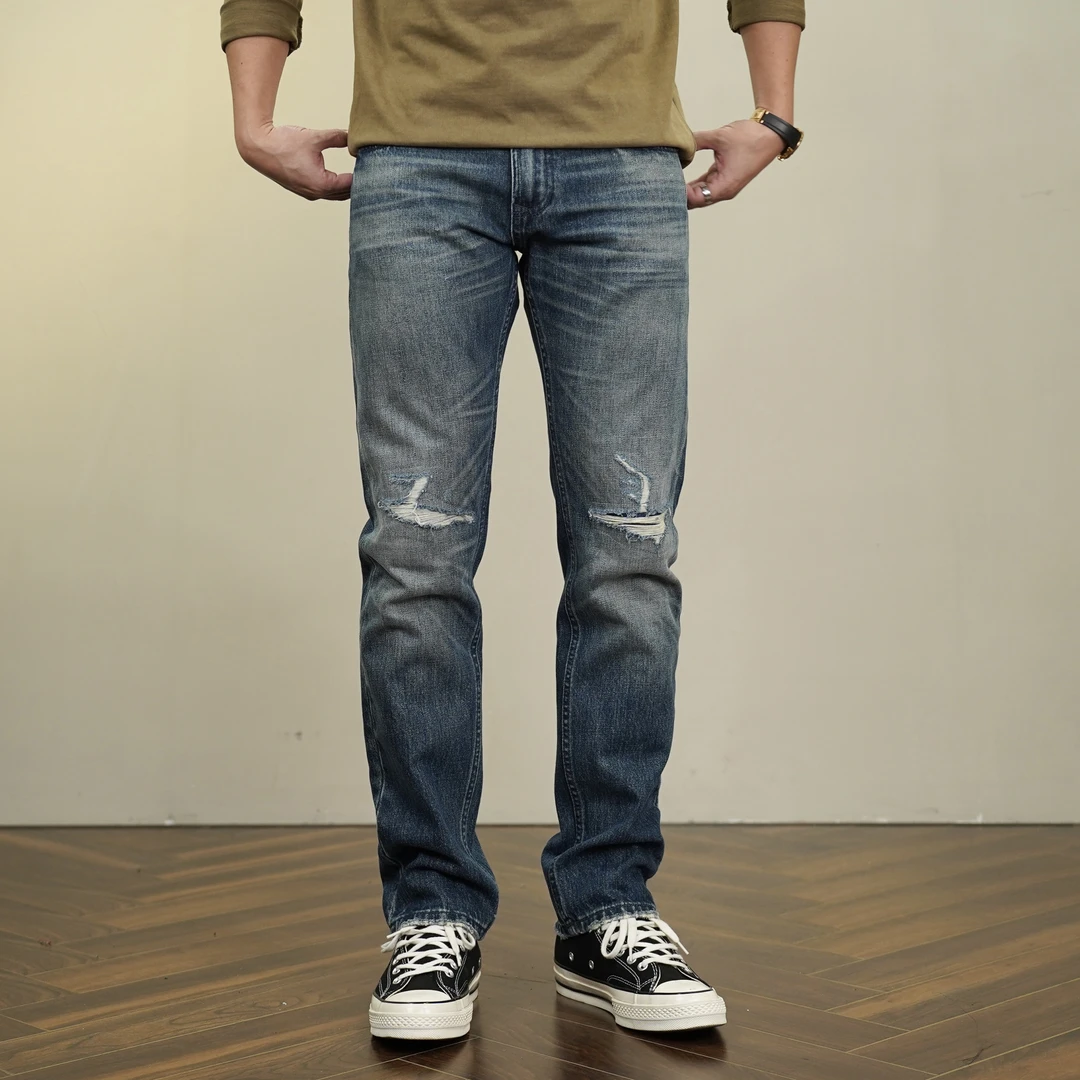 SEVENTH/第七路[修身小直筒版]男士破洞补丁牛仔裤无弹复古水洗裤