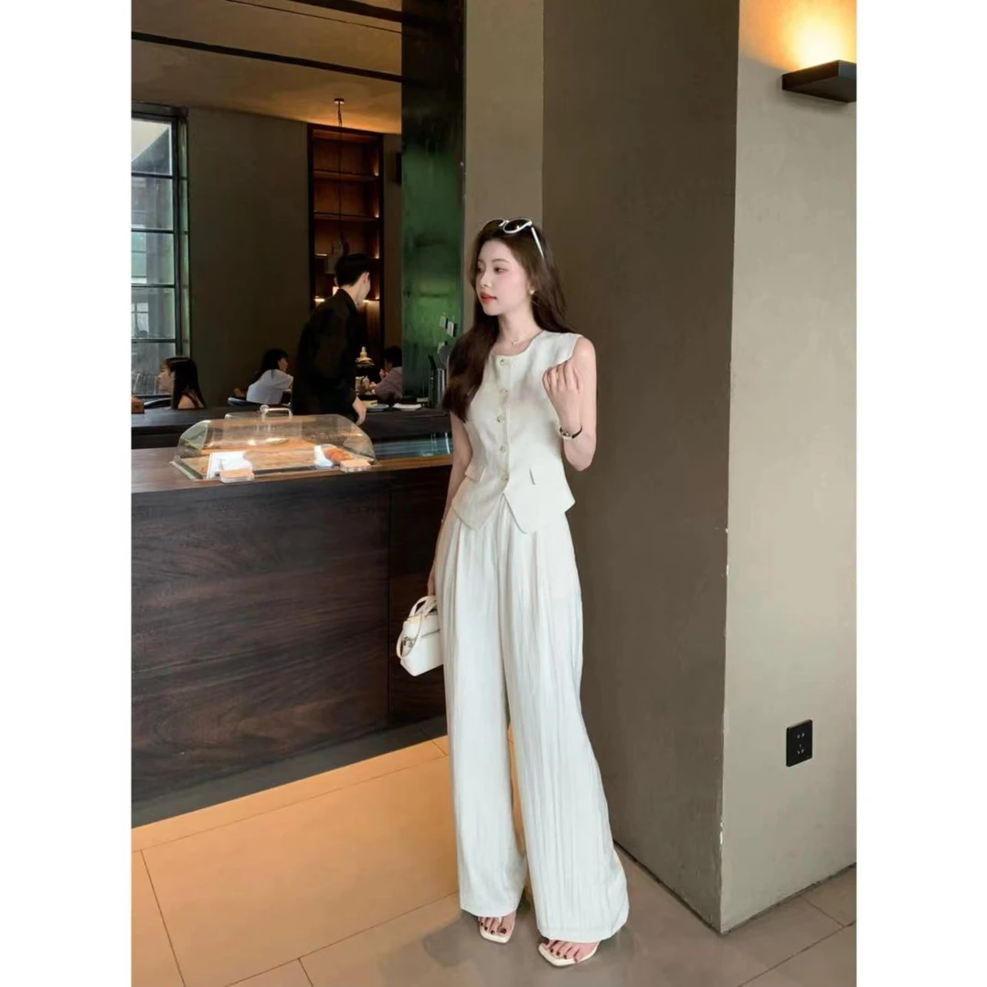 SZA【花鸟图卷】夏季新款高级感小香马甲高腰显瘦阔腿裤套装A-909