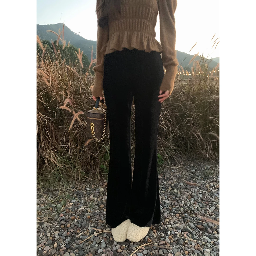 SZA【丝绒喇叭裤】秋冬新款女高腰显瘦修身百搭加绒休闲喇叭裤A-504