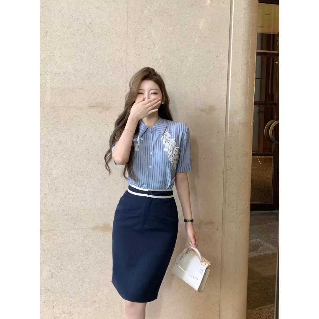 SZA【雾漫白霜】夏季新款时尚气质设计感条纹撞色短袖衬衫A-996