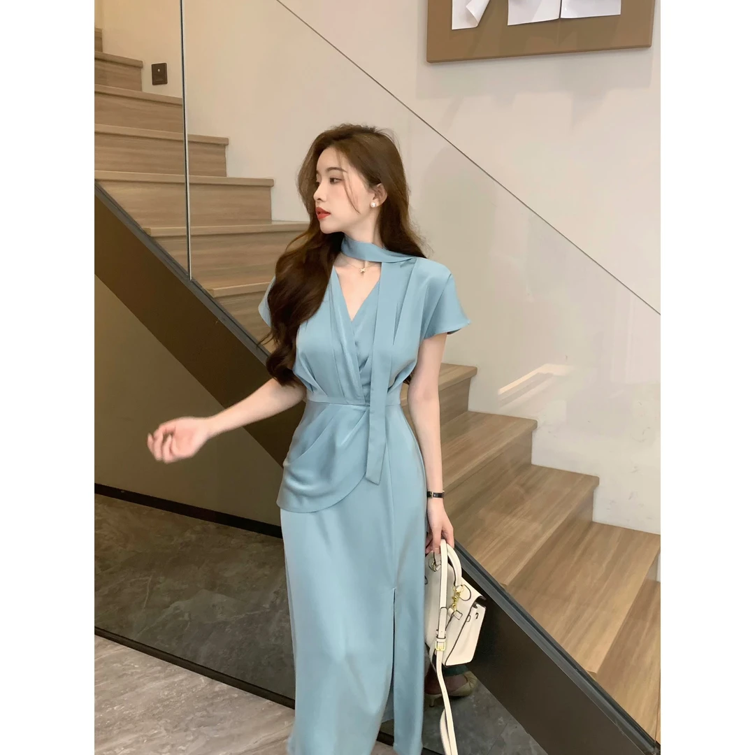 SZA夏季新款女韩系气质设计感修身V领收腰显瘦高级感连衣裙A-231