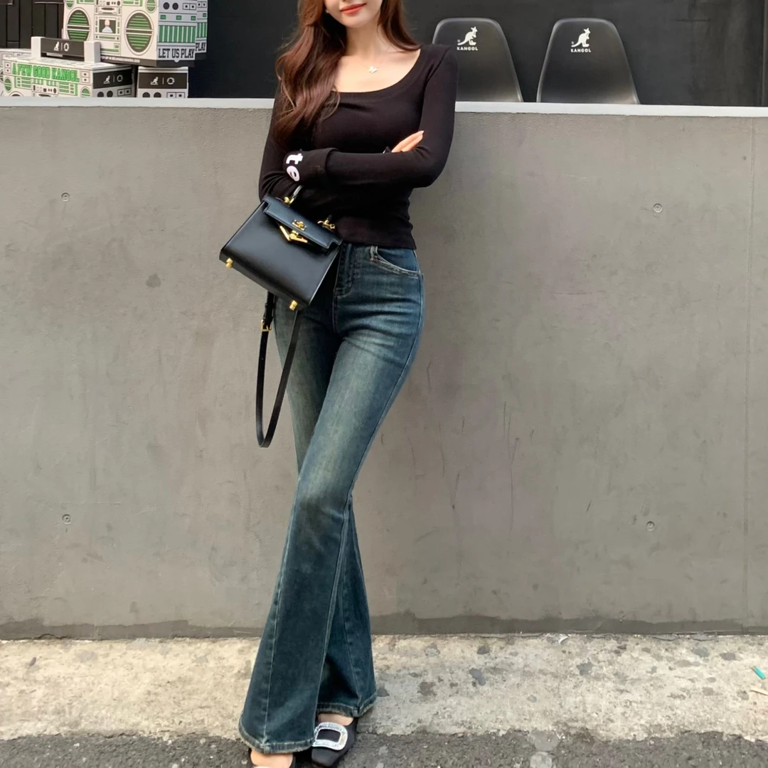 SZA【腿精裤】秋冬新款设计感小众复古高腰显瘦微喇叭牛仔裤A-547