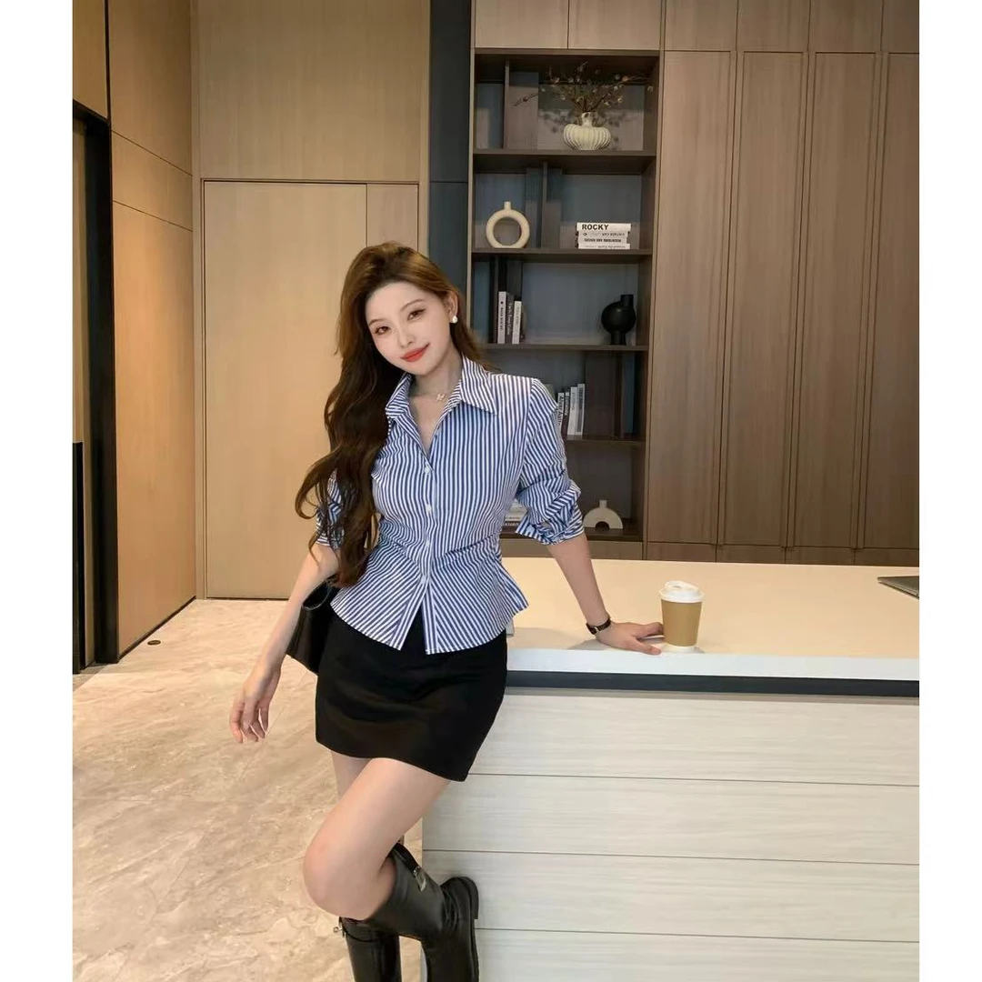 SZA【北岛之恋】秋季新款设计感小众收腰捏褶百搭长袖衬衫A-1057