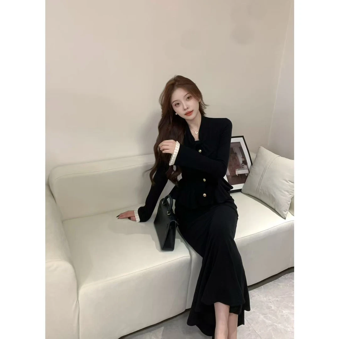 SZA【黑金时代】冬季新款高级感气质长袖上衣高腰半身裙套装XY-034