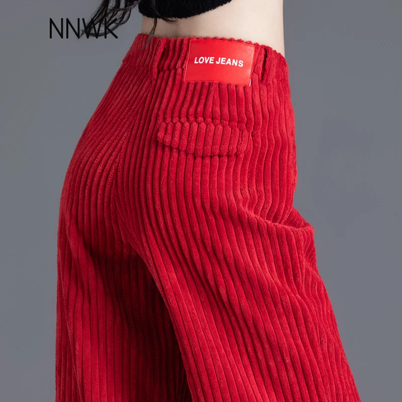 红色裤子女秋冬加厚2024新款灯芯绒休闲高腰直筒雪尼尔时尚阔腿裤