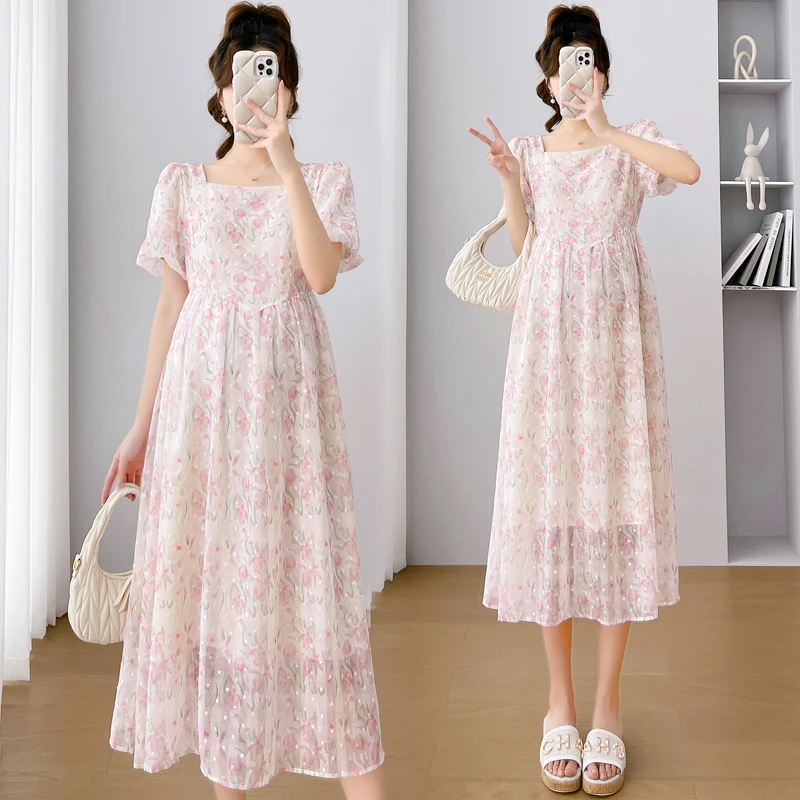 【兔妈】孕妇装夏季新款2024郁金香印花中长款洋气甜美孕妇连衣裙