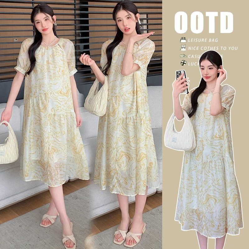 [兔妈]孕妇装夏季新款2024韩版时尚宽松圆领简约雪纺孕妇连衣裙