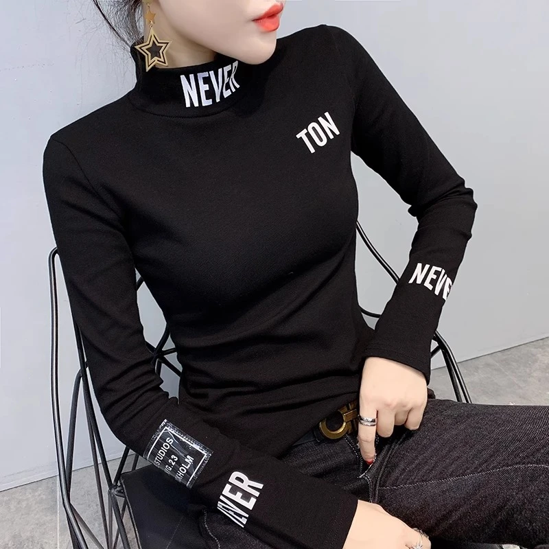 半高领加绒打底衫女秋冬2025新款字母印花T恤女长袖内搭上衣