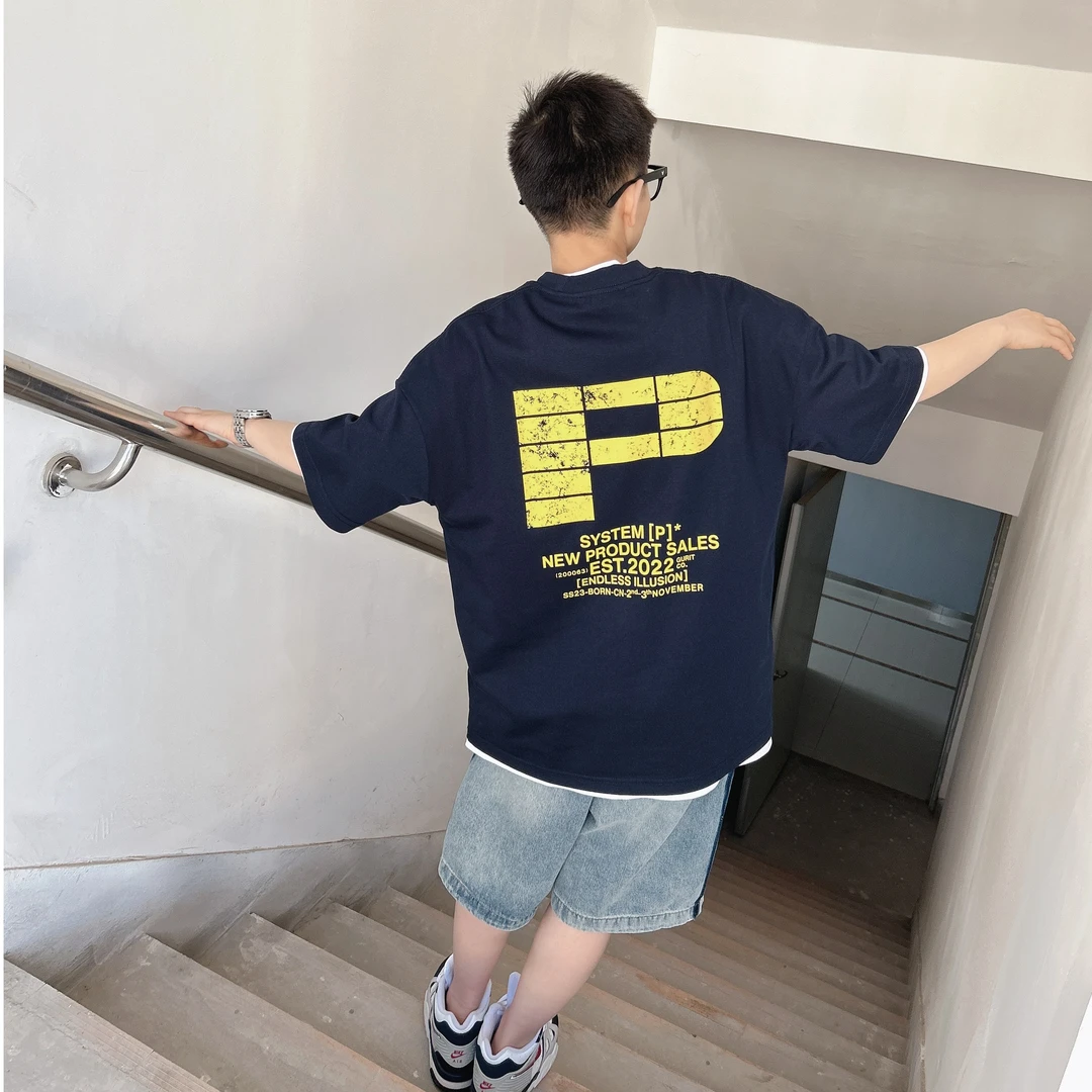 夏季新款男女同款设计感后背破坏印花短袖T恤春夏宽松短袖国潮T恤