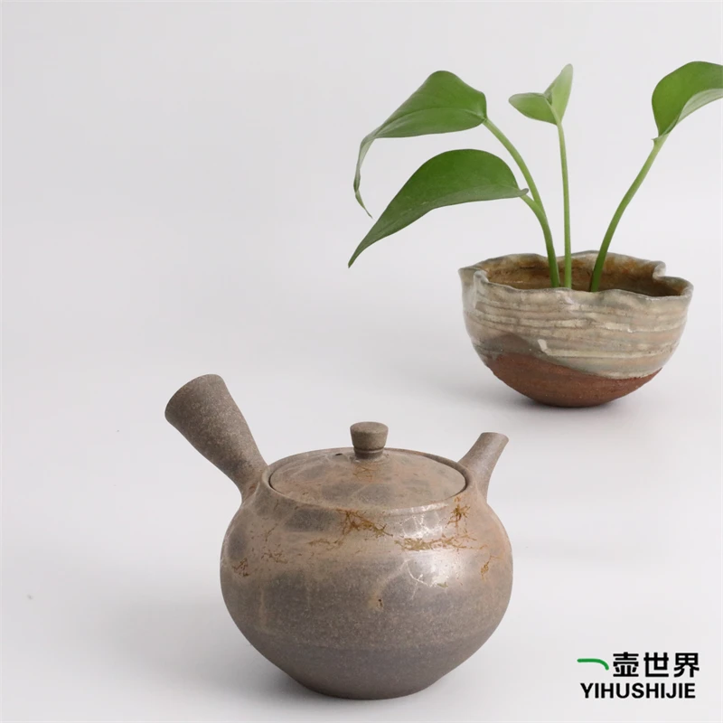 日本常滑烧纯手工日式紫砂侧把陶茶壶 谷川仁定制款碳化挂藻230ml
