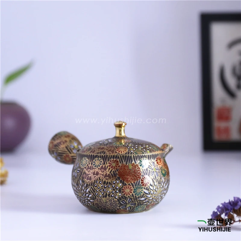 常滑烧纯手工日式紫砂侧把陶茶壶 昭龙 九谷描金朱泥浅袋樱 200ml