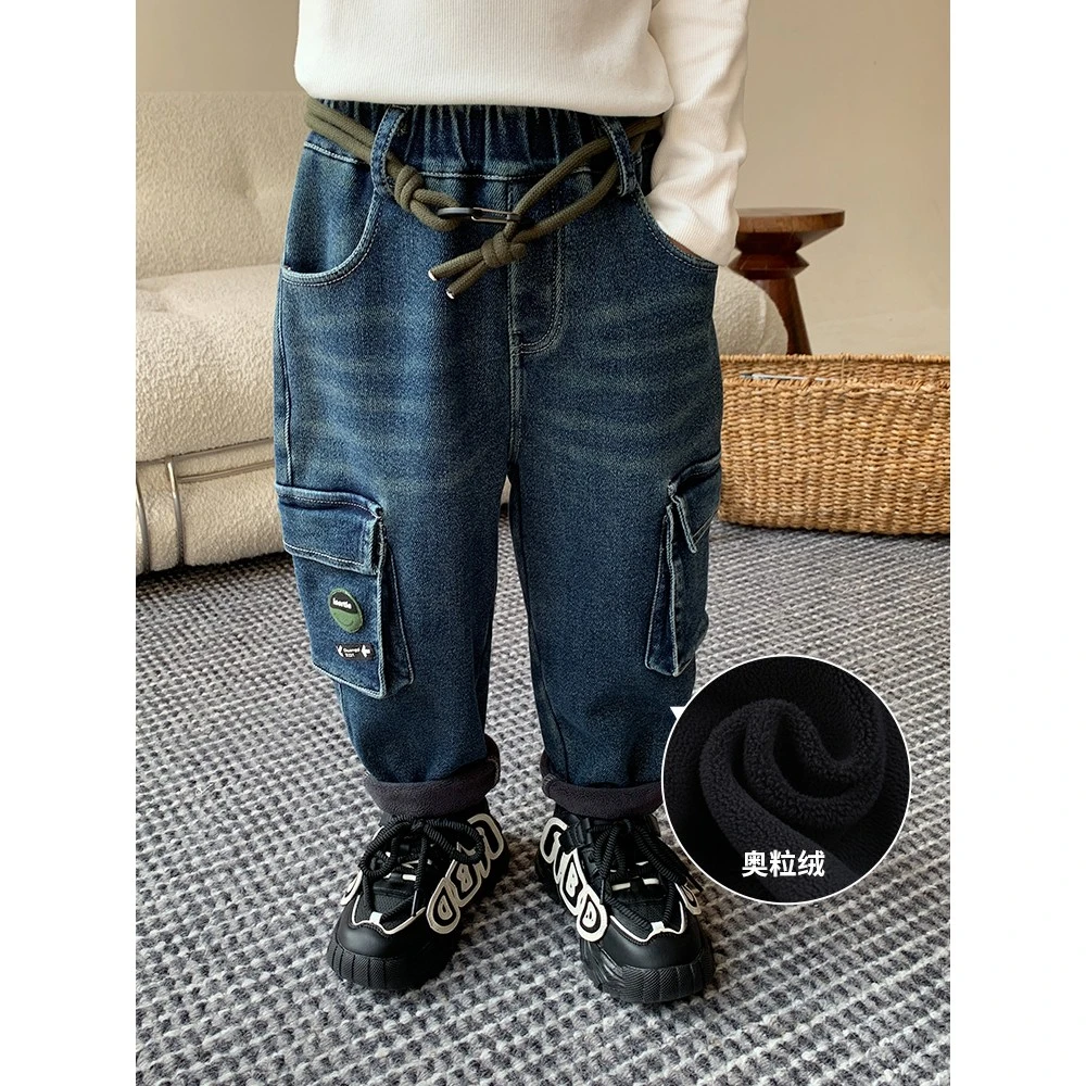 男童牛仔裤加绒加厚2023新款一体绒休闲裤冬装童装秋冬儿童43640
