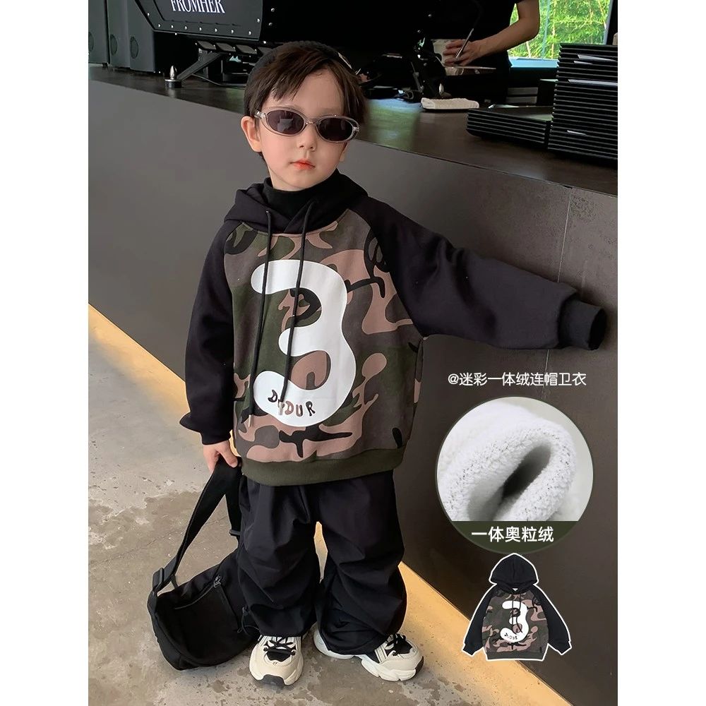 男童一体绒连帽卫衣纯棉韩版秋冬潮童装儿童冬装2023新加厚37028