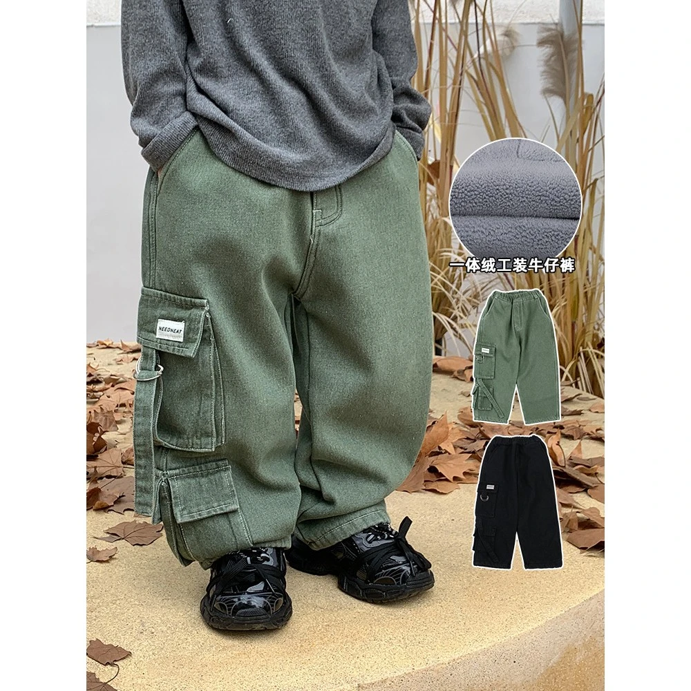 男童牛仔裤冬季加绒儿童一体绒侧边大口袋工装裤43624