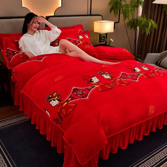 【新品】冬季双面牛奶绒加厚四件套床裙结婚加绒婚庆婚庆绒被四件套