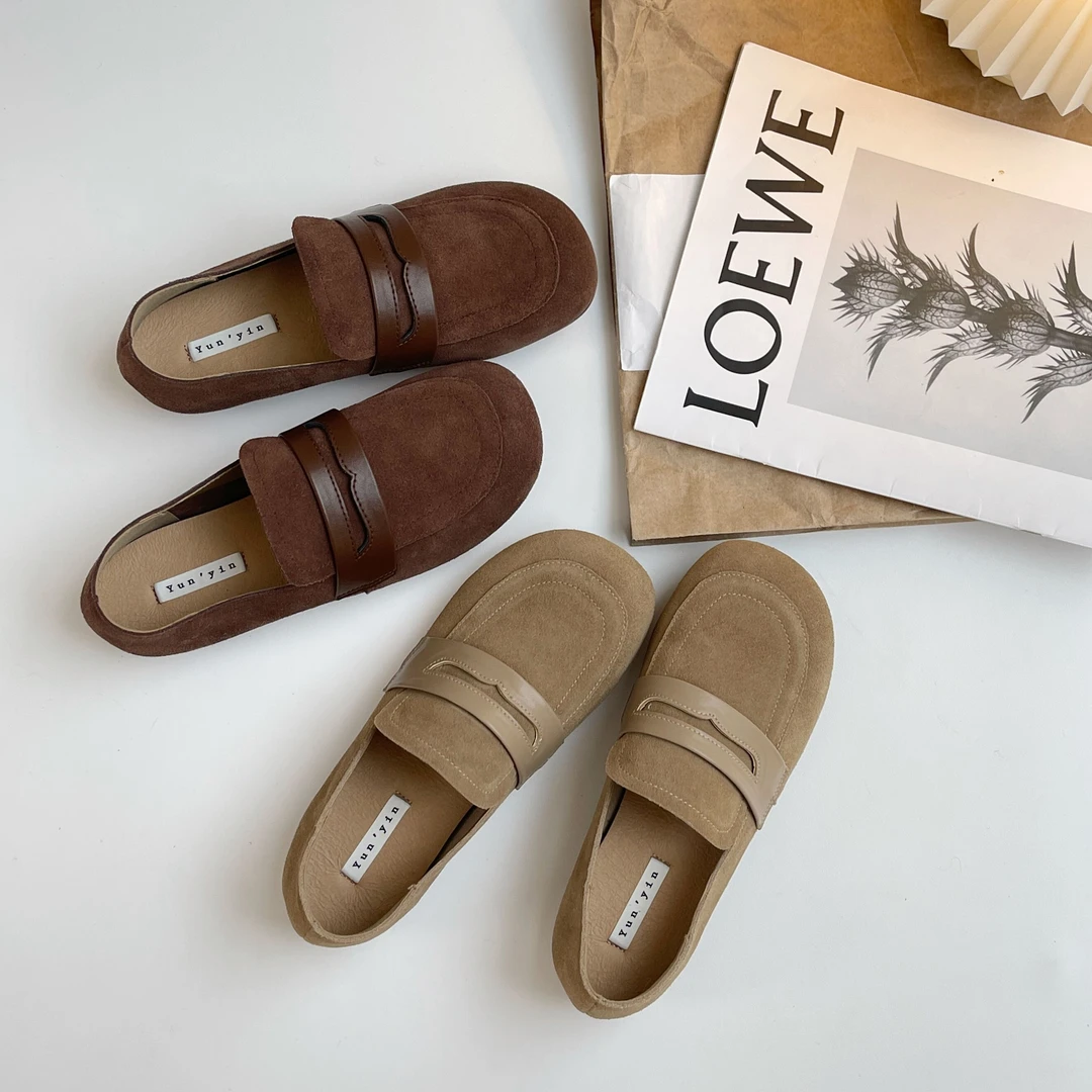 2023新款春秋百搭软底复古豆豆鞋女休闲包头乐福鞋时尚