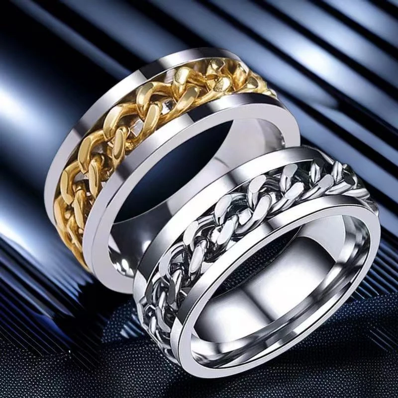 钛钢戒指 不锈钢戒指不掉色ins风男款链条个性旋转指环开啤酒嘻哈