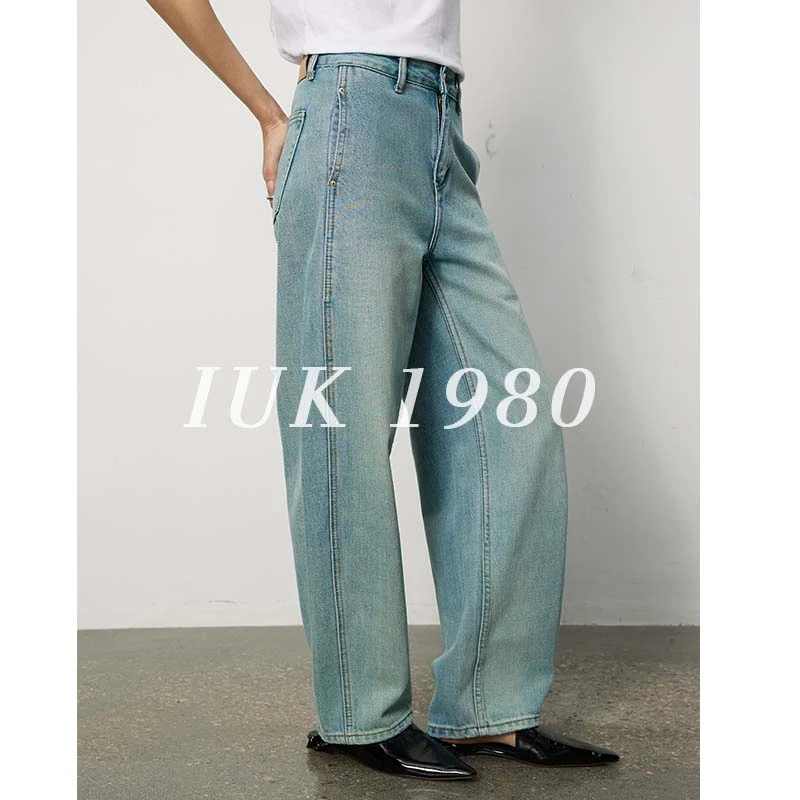 IUK/尤库显瘦秋冬时髦牛仔裤百搭破洞长裤设计时尚宽松休闲裤高腰