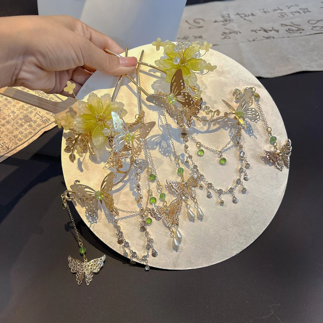 梦幻蝴蝶流苏发夹古风汉服头饰高颜值国风气质超仙纯手工制作美甜