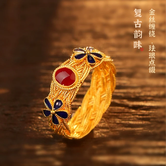 ZOCAI/佐卡伊古法黄金戒指镶嵌珐琅彩竹颜花丝足金戒指W07587