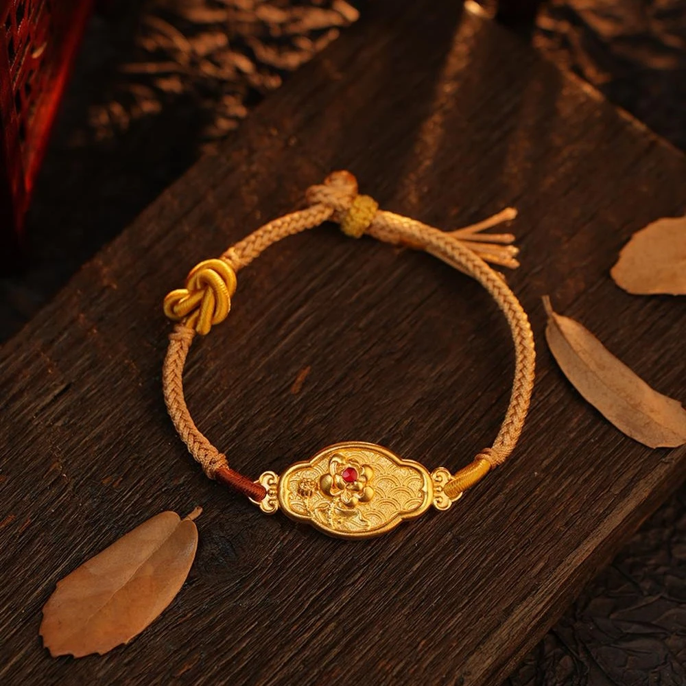 ZOCAI/佐卡伊古法黄金足金花丝珐琅工艺 如意莲花手牌 S02287