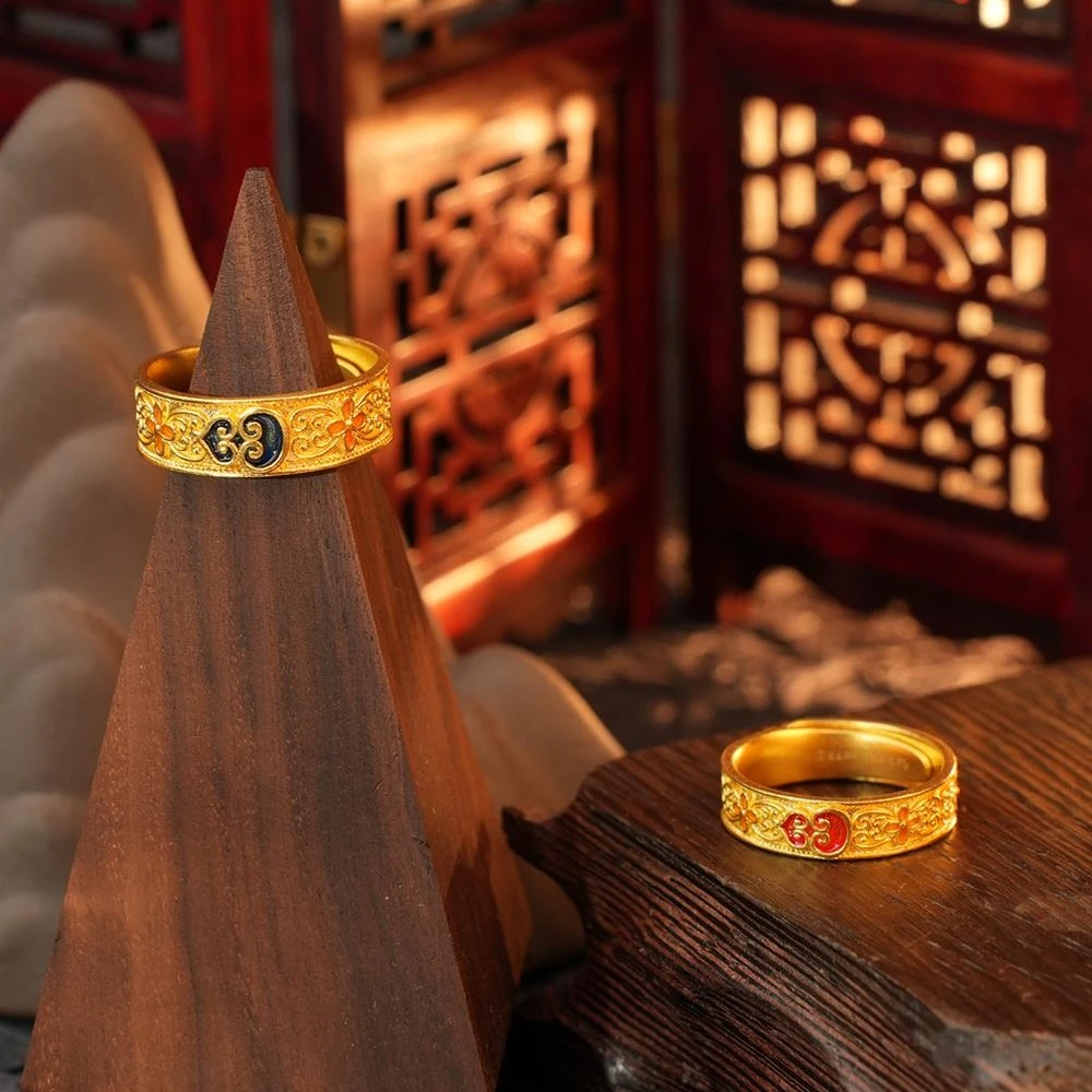 ZOCAI/佐卡伊古法黄金如意百搭珐琅彩葫芦黄金开口足金戒指W07692