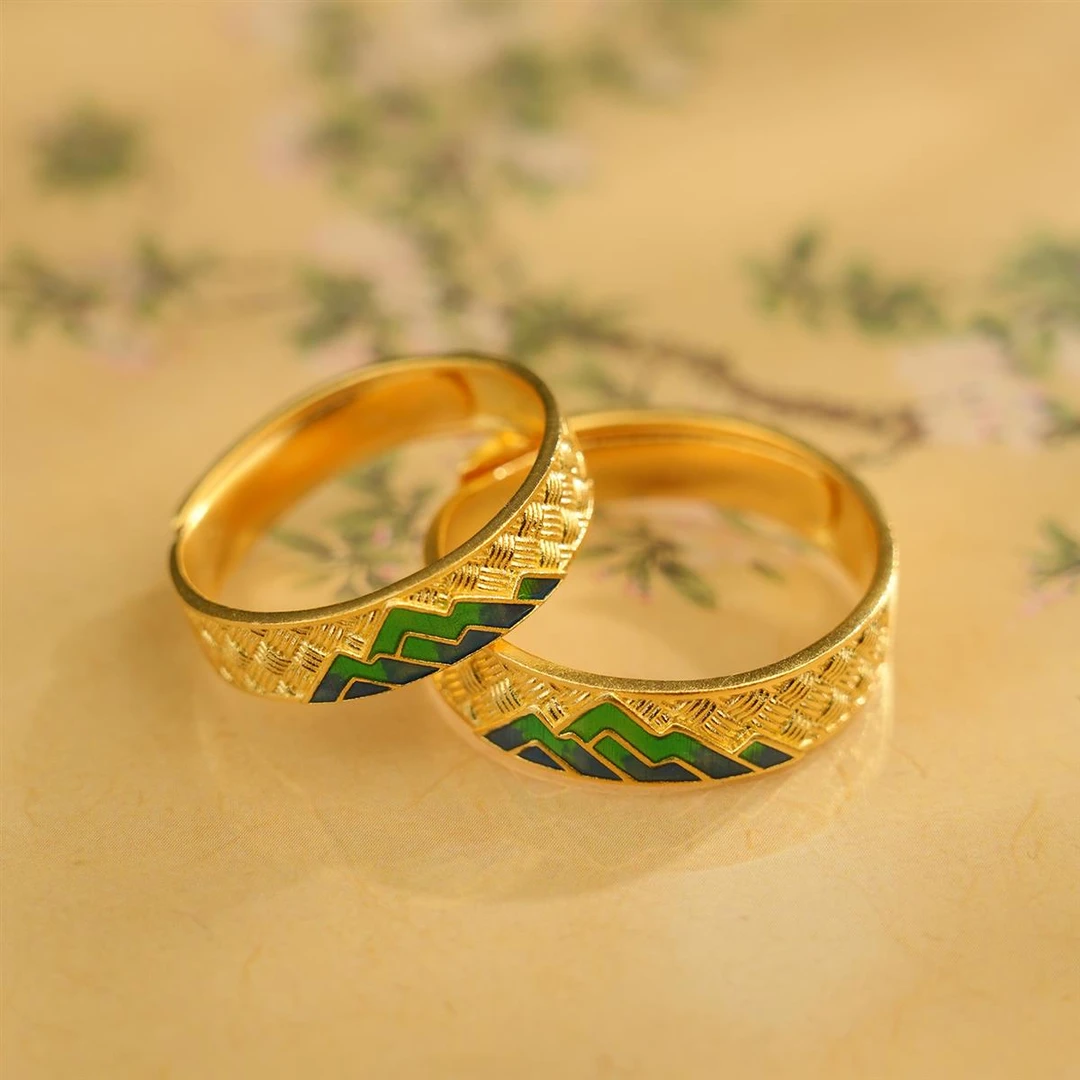 ZOCAI/佐卡伊古法戒指珐琅青绿醉夏*江山如画情侣足金对戒Q01110A