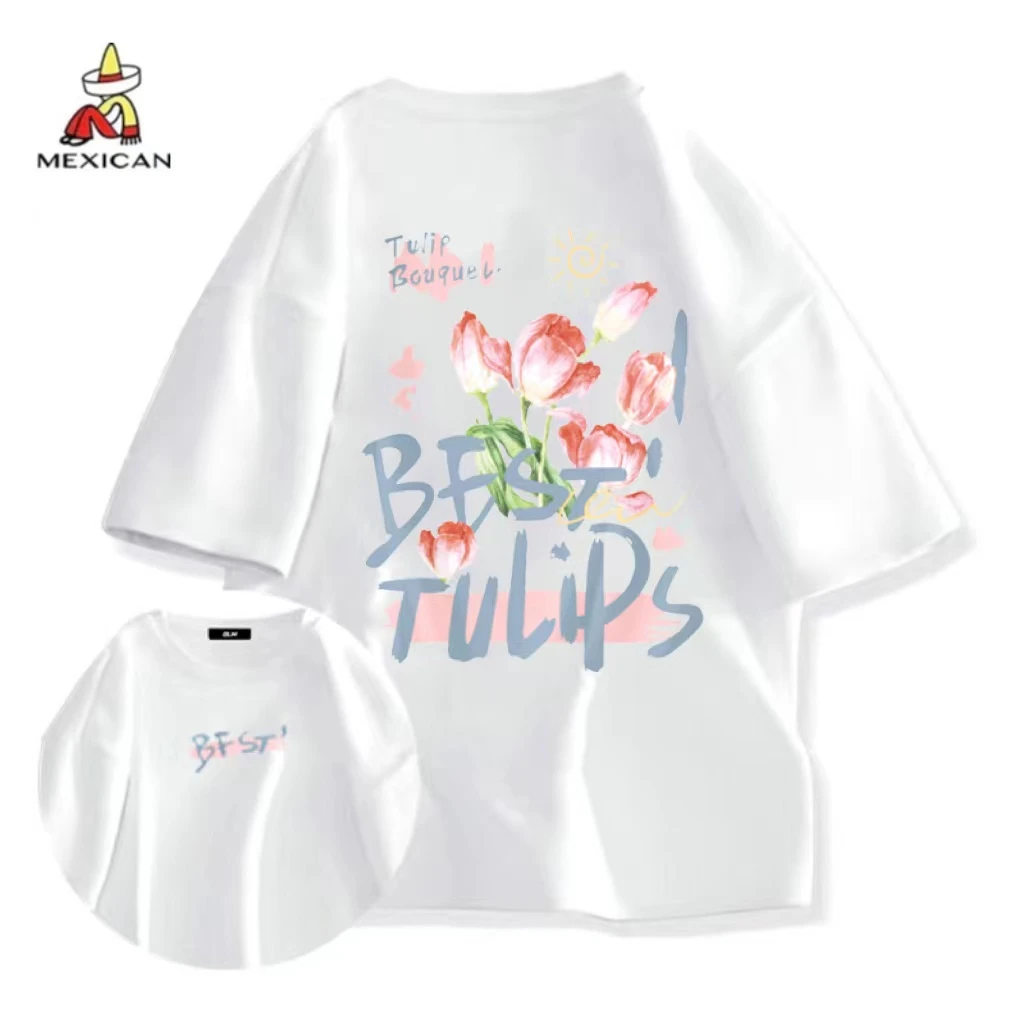 Mexican/稻草人夏季纯棉时尚潮流百搭AB面郁金香半袖T恤66126-L
