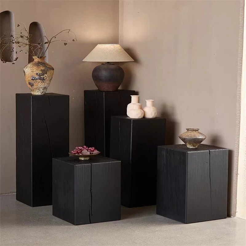 碳化木墩玄关摆件根雕花架艺术底座边几复古实木方形木墩子木墩子