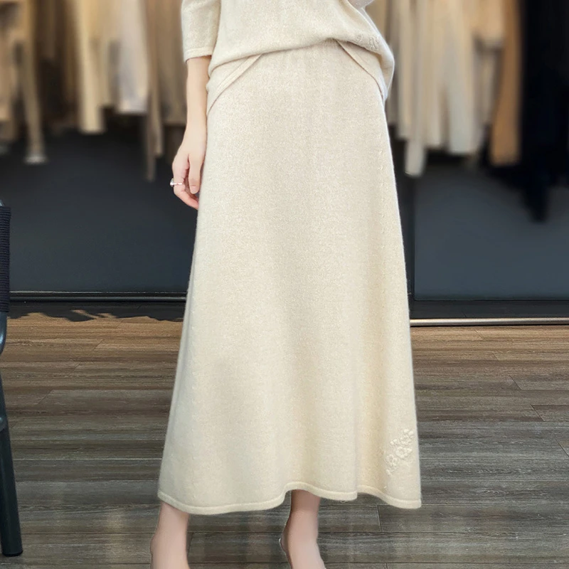 23秋冬新款100%纯羊毛半身裙女纯色中长款显瘦百搭羊毛针织打底裙