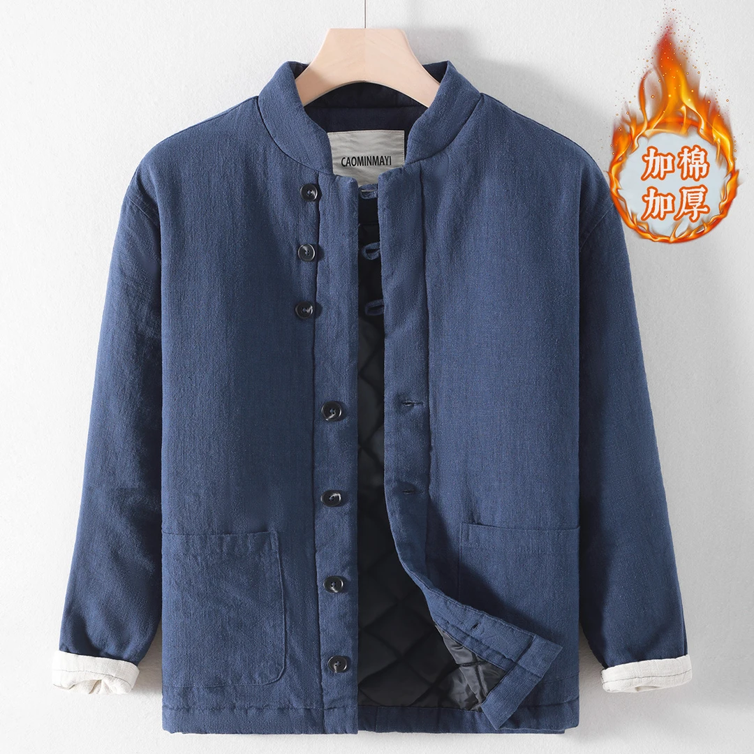 2024冬季新款男士中式棉衣休闲棉麻保暖加厚盘扣立领国风棉服鹤影