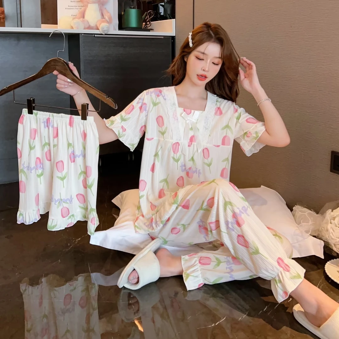 V领新款三件套睡衣女短袖长短裤甜美可爱卡通春夏家居服薄款套装