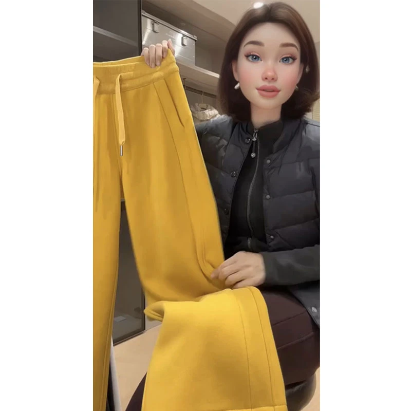 2025秋冬炸街时尚爆款高端欧货洋气高腰显瘦宽松直筒黄色休闲裤女