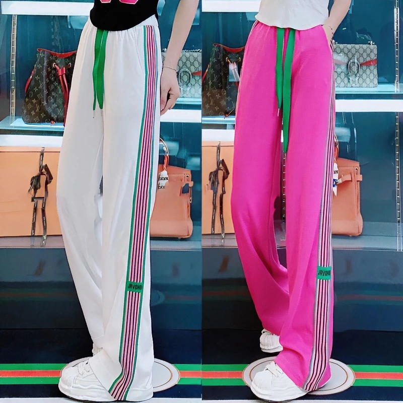抽绳高腰休闲阔腿拖地长裤女2025春秋季侧边撞色拼接显瘦直筒裤女