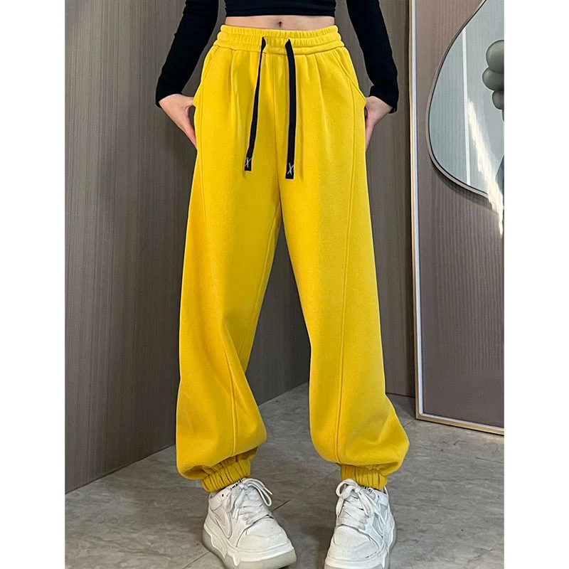 韩版秋冬加绒时尚高腰显瘦加厚束脚裤女宽松休闲裤运动卫裤女款