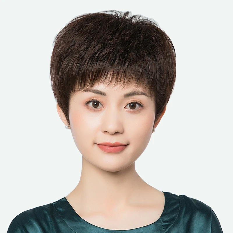 全头套真人发丝直发款女士中老年妈妈假发套