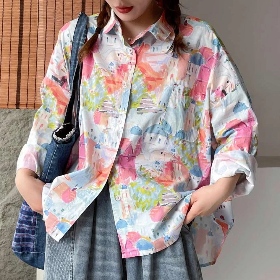 大板型时尚彩绘城堡印花长袖衬衫女春夏新款宽松休闲衬衣上衣潮