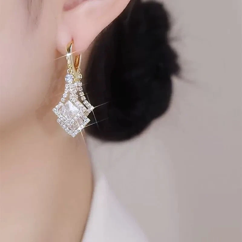 铜合金合成锆石耳饰  超闪多层菱形流苏气质时尚百搭耳环耳饰F-25