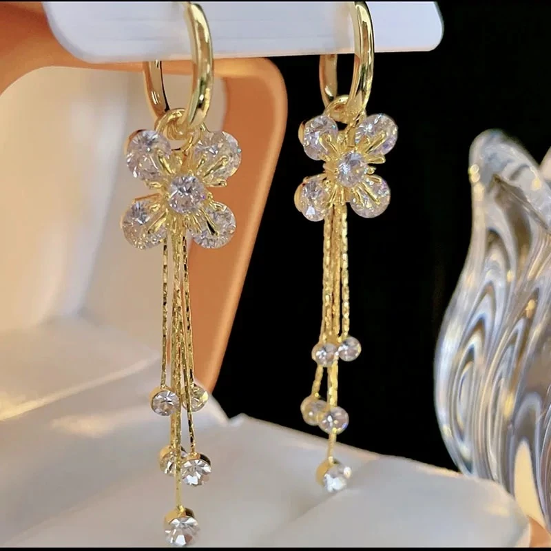 925银针合成锆石耳饰 高级感五瓣花耳环潮气质花朵流苏耳坠超仙