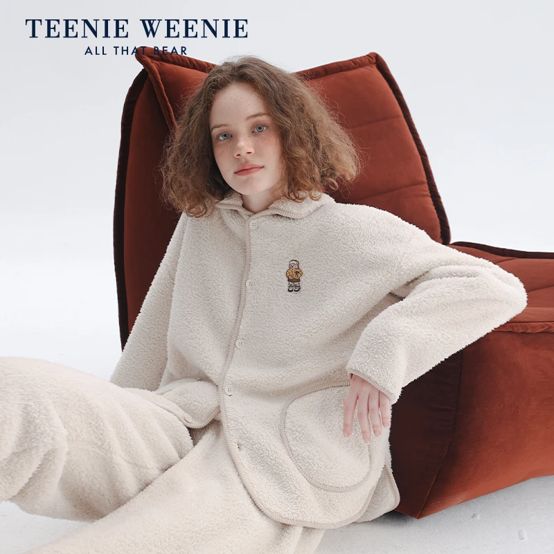 Teenie Weenie小熊泰迪绒睡衣女士家居服加绒加厚亲肤保暖套装新