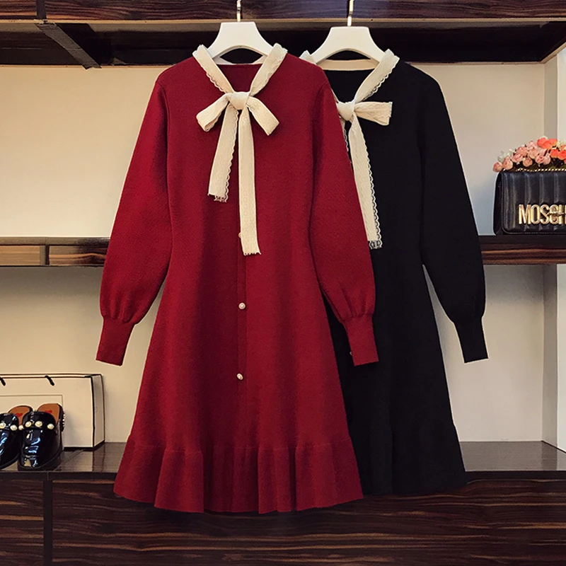 大码女装胖mm秋冬蝴蝶结减龄荷叶边针织连衣裙宽松显瘦打底毛衣裙