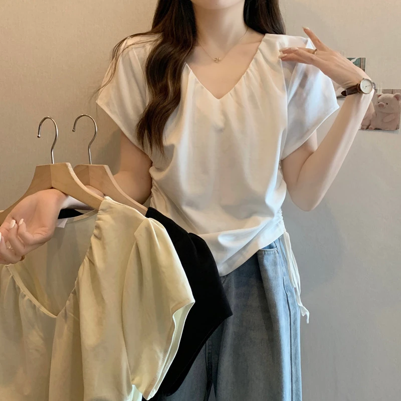 大码女夏季胖mm设计感V领抽绳韩版气质上衣百搭显瘦不规则洋气T桖