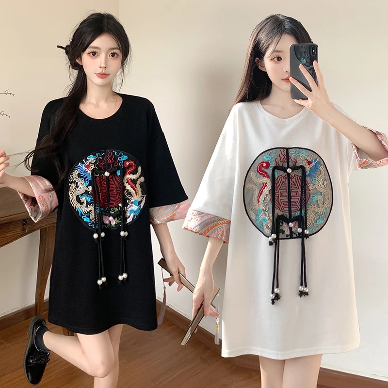 大码女秋装胖mm新中式国风刺绣半袖宽松遮肚设计感显瘦T恤连衣裙