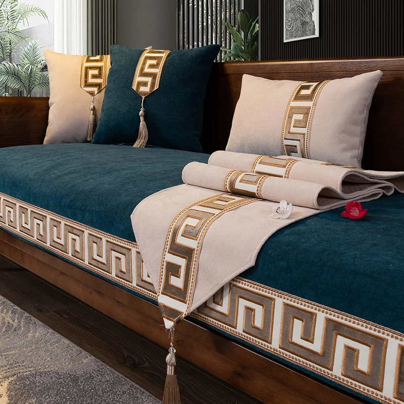 雪尼尔中式沙发垫轻奢新中式真皮沙发套罩防滑四季夏季沙发垫子