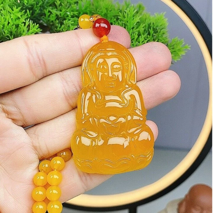 满蜜鸡油黄龙玉大观音俏色黄观音吊坠(配珠链)项链带证书礼盒1